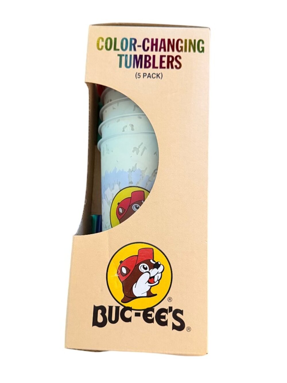 Buc-ee’s Color Changing Tumblers 5 Pack w Lids & Straws Tie Dye Cups NEW